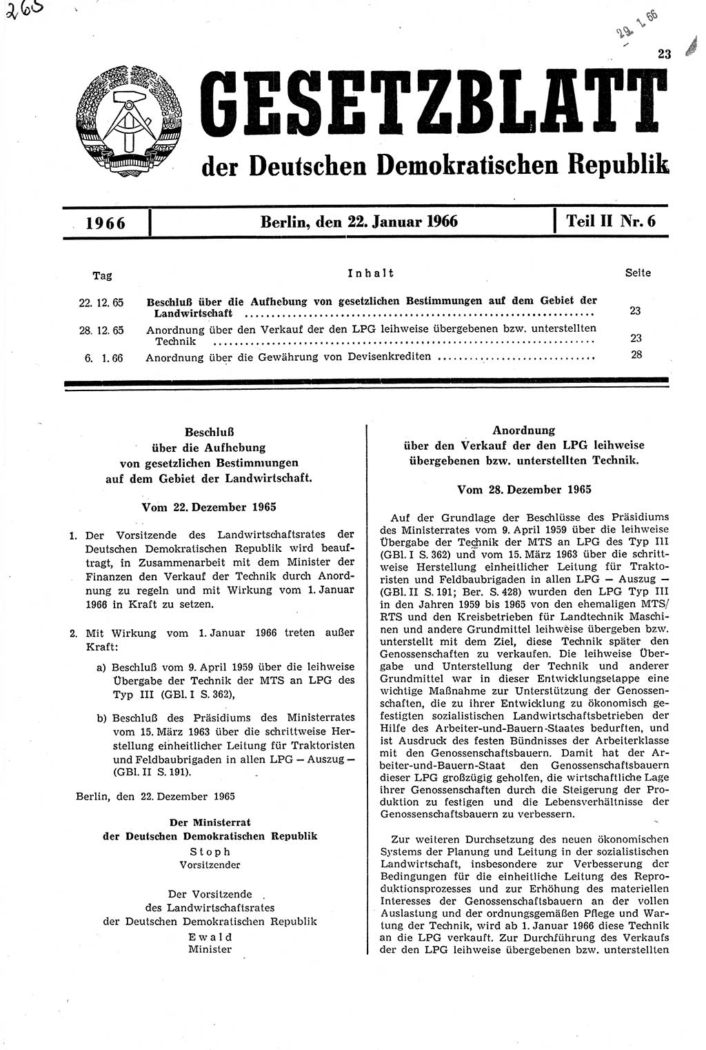 Gesetzblatt (GBl.) der Deutschen Demokratischen Republik (DDR) Teil ⅠⅠ 1966, Seite 23 (GBl. DDR ⅠⅠ 1966, S. 23)