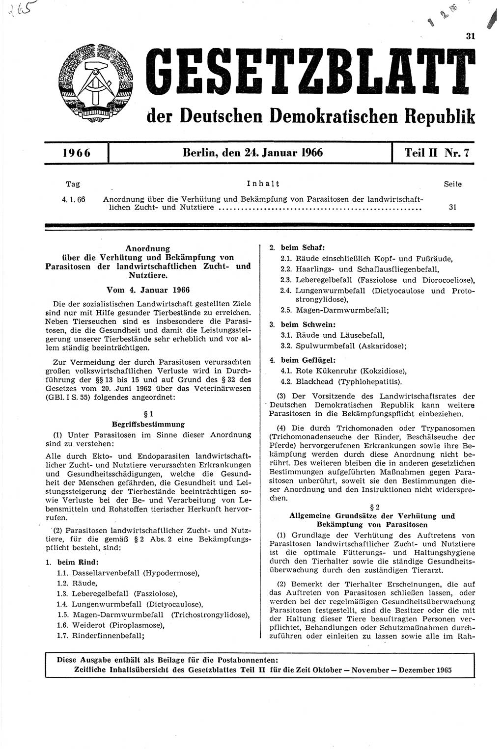 Gesetzblatt (GBl.) der Deutschen Demokratischen Republik (DDR) Teil ⅠⅠ 1966, Seite 31 (GBl. DDR ⅠⅠ 1966, S. 31)