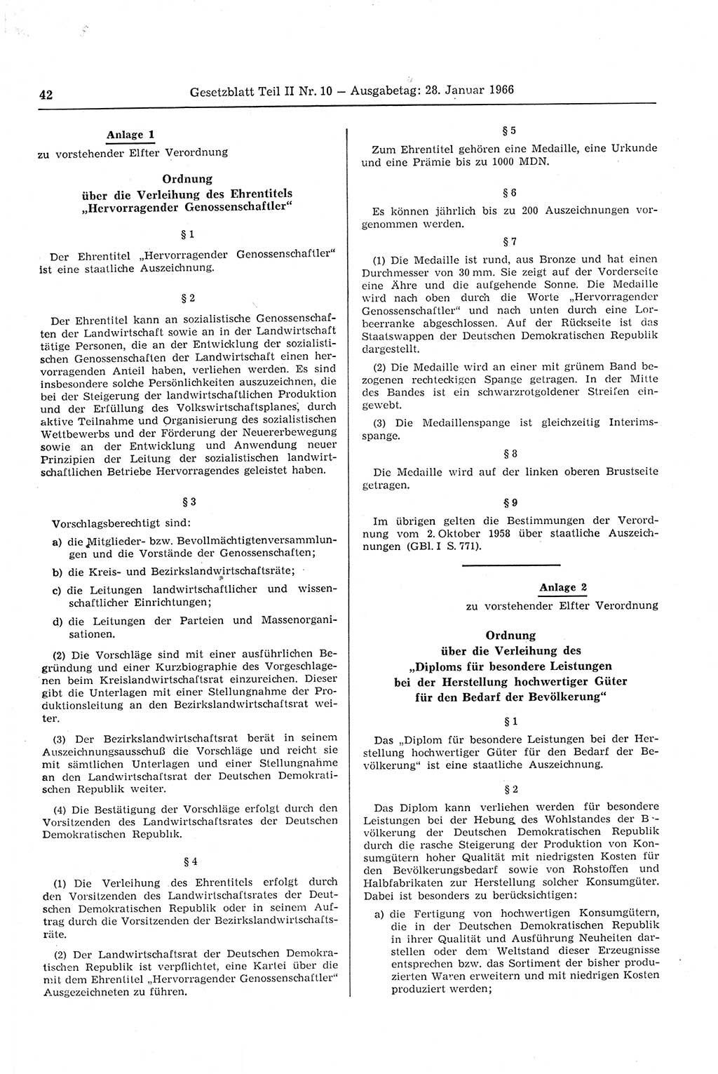Gesetzblatt (GBl.) der Deutschen Demokratischen Republik (DDR) Teil ⅠⅠ 1966, Seite 42 (GBl. DDR ⅠⅠ 1966, S. 42)