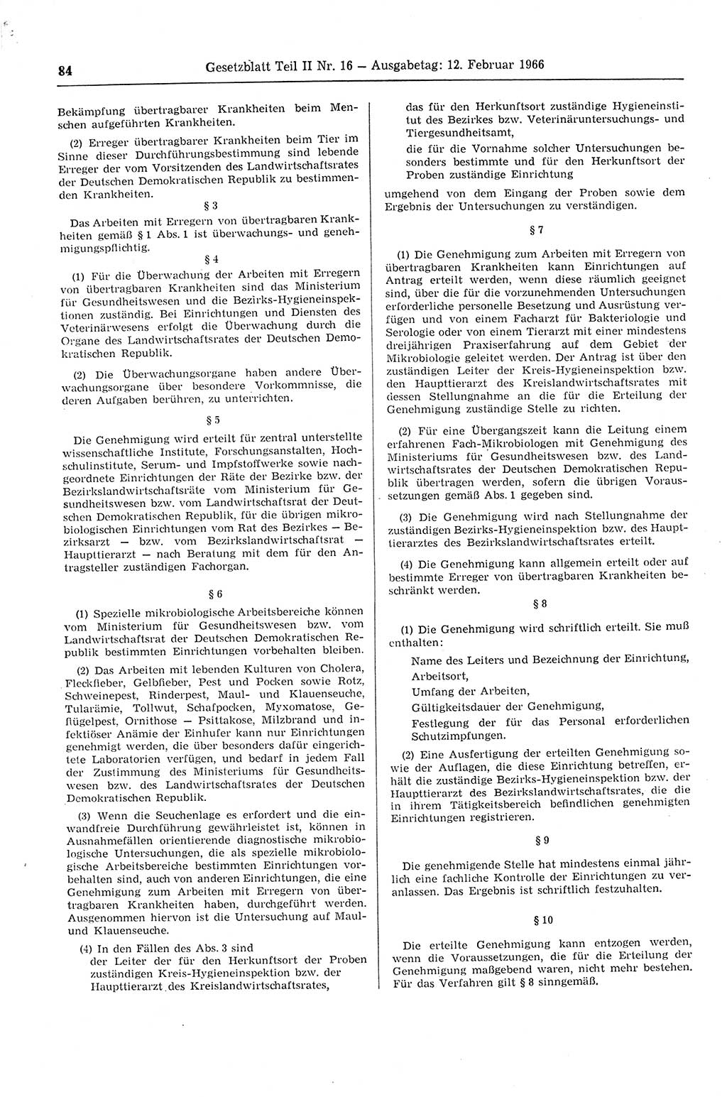 Gesetzblatt (GBl.) der Deutschen Demokratischen Republik (DDR) Teil ⅠⅠ 1966, Seite 84 (GBl. DDR ⅠⅠ 1966, S. 84)