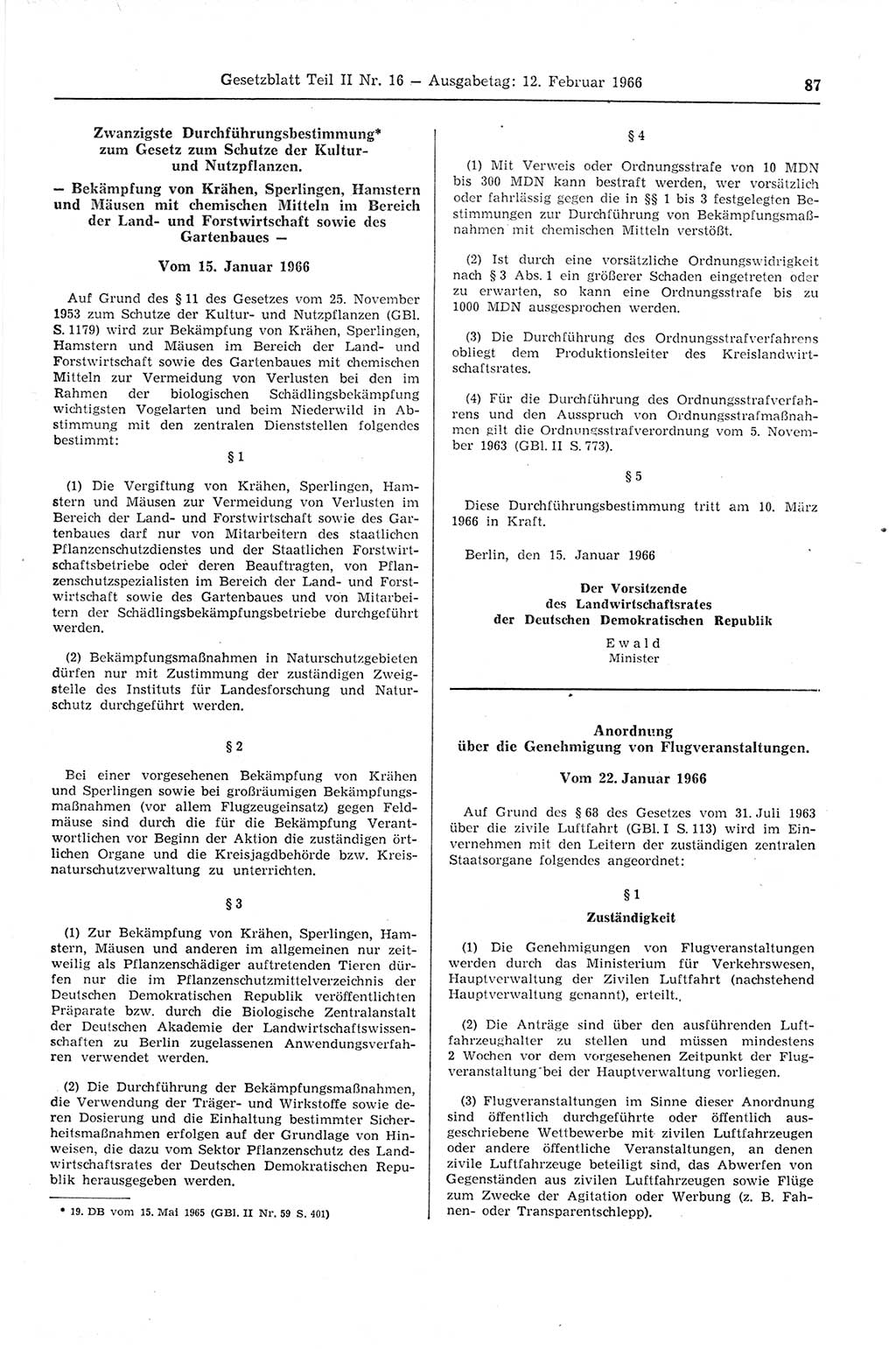Gesetzblatt (GBl.) der Deutschen Demokratischen Republik (DDR) Teil ⅠⅠ 1966, Seite 87 (GBl. DDR ⅠⅠ 1966, S. 87)