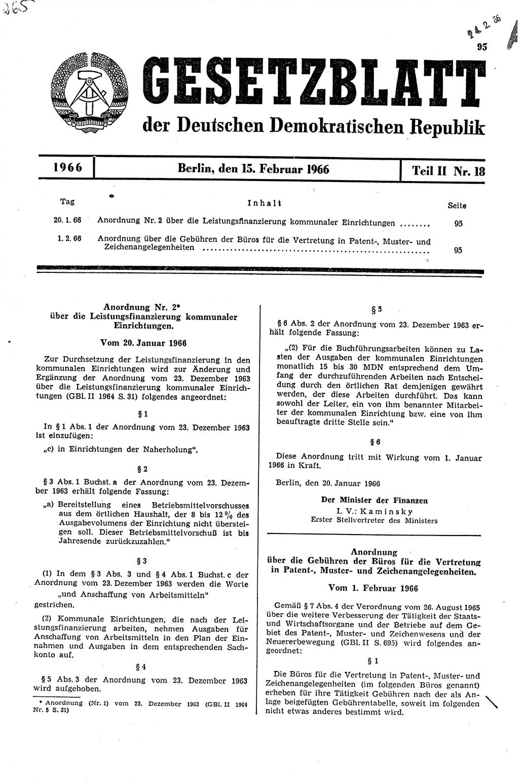 Gesetzblatt (GBl.) der Deutschen Demokratischen Republik (DDR) Teil ⅠⅠ 1966, Seite 95 (GBl. DDR ⅠⅠ 1966, S. 95)