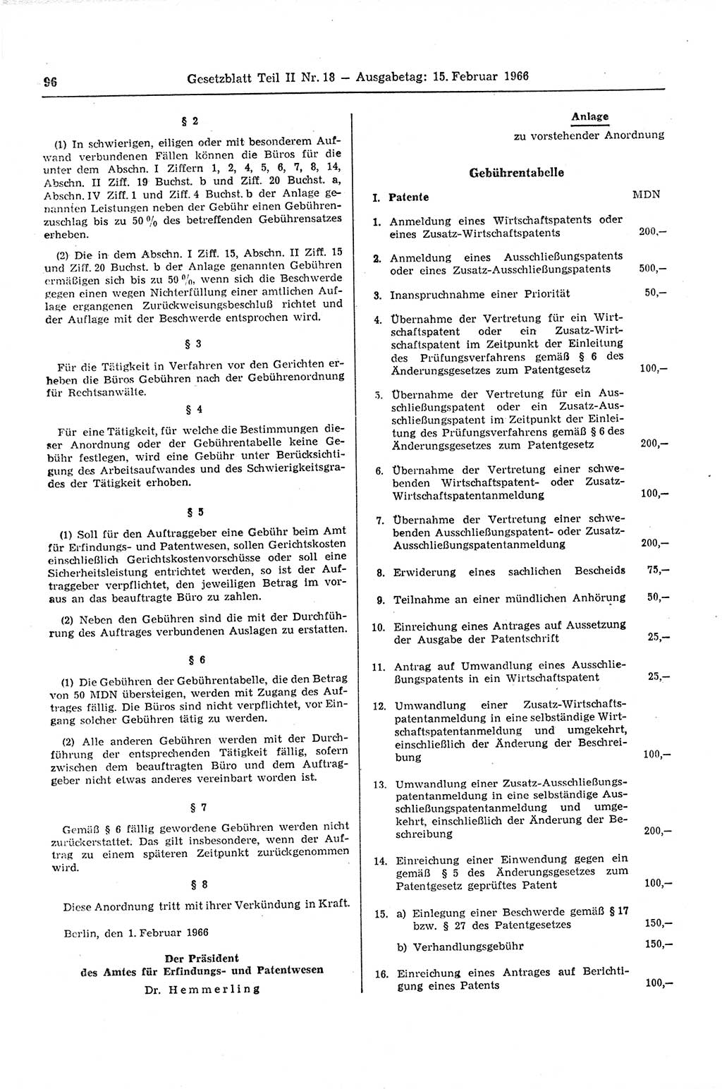 Gesetzblatt (GBl.) der Deutschen Demokratischen Republik (DDR) Teil ⅠⅠ 1966, Seite 96 (GBl. DDR ⅠⅠ 1966, S. 96)