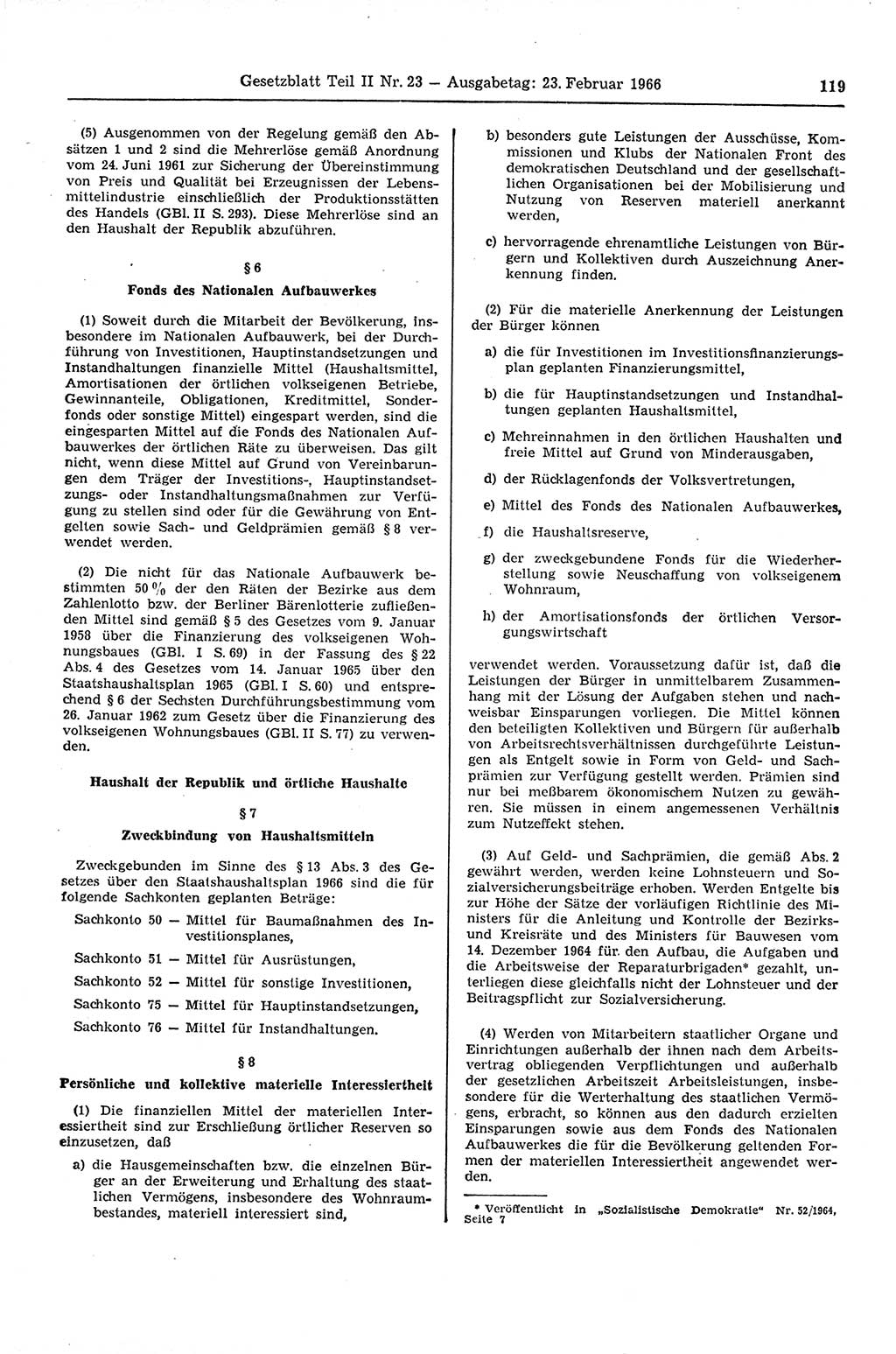 Gesetzblatt (GBl.) der Deutschen Demokratischen Republik (DDR) Teil ⅠⅠ 1966, Seite 119 (GBl. DDR ⅠⅠ 1966, S. 119)
