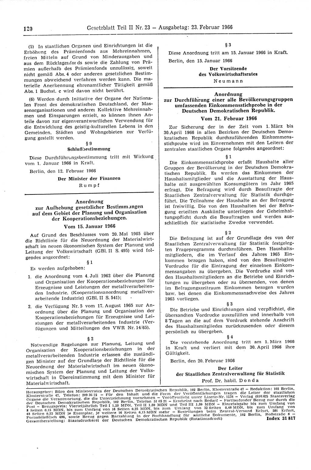 Gesetzblatt (GBl.) der Deutschen Demokratischen Republik (DDR) Teil ⅠⅠ 1966, Seite 120 (GBl. DDR ⅠⅠ 1966, S. 120)