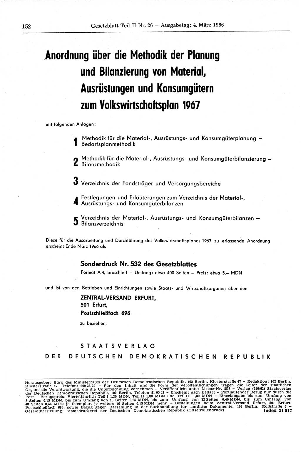 Gesetzblatt (GBl.) der Deutschen Demokratischen Republik (DDR) Teil ⅠⅠ 1966, Seite 152 (GBl. DDR ⅠⅠ 1966, S. 152)