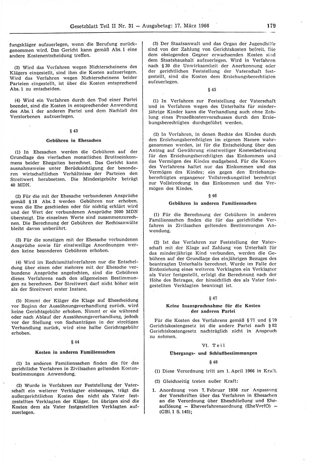 Gesetzblatt (GBl.) der Deutschen Demokratischen Republik (DDR) Teil ⅠⅠ 1966, Seite 179 (GBl. DDR ⅠⅠ 1966, S. 179)