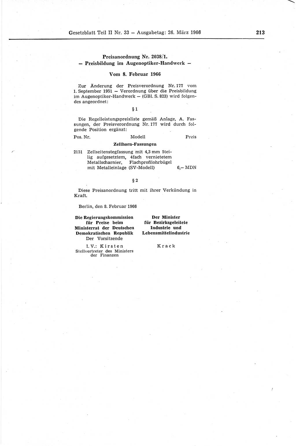 Gesetzblatt (GBl.) der Deutschen Demokratischen Republik (DDR) Teil ⅠⅠ 1966, Seite 213 (GBl. DDR ⅠⅠ 1966, S. 213)
