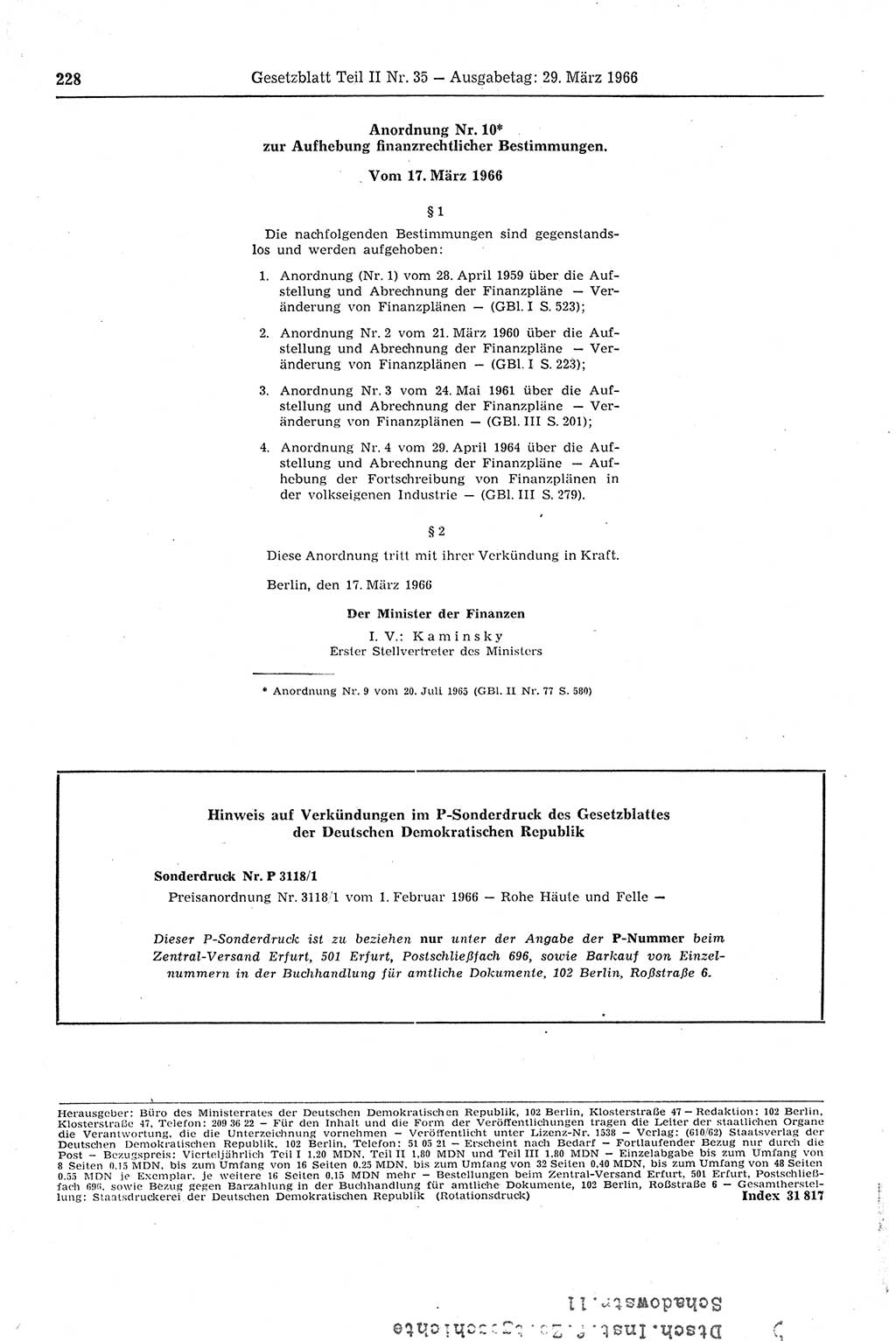 Gesetzblatt (GBl.) der Deutschen Demokratischen Republik (DDR) Teil ⅠⅠ 1966, Seite 228 (GBl. DDR ⅠⅠ 1966, S. 228)