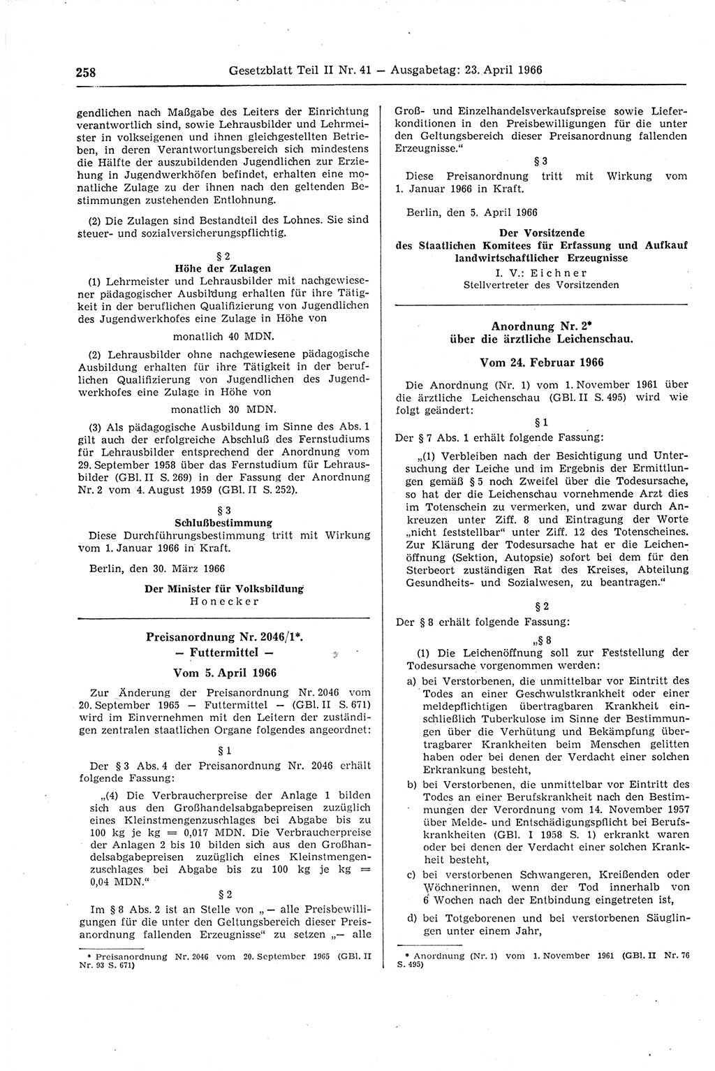 Gesetzblatt (GBl.) der Deutschen Demokratischen Republik (DDR) Teil ⅠⅠ 1966, Seite 258 (GBl. DDR ⅠⅠ 1966, S. 258)