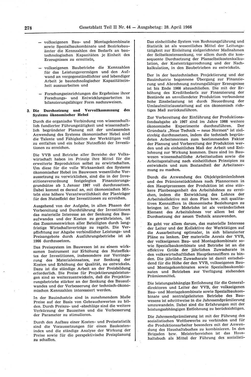 Gesetzblatt (GBl.) der Deutschen Demokratischen Republik (DDR) Teil ⅠⅠ 1966, Seite 278 (GBl. DDR ⅠⅠ 1966, S. 278)