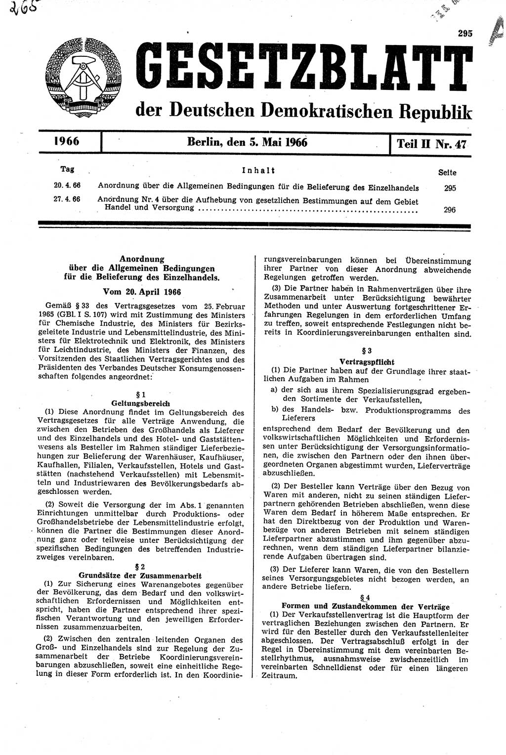 Gesetzblatt (GBl.) der Deutschen Demokratischen Republik (DDR) Teil ⅠⅠ 1966, Seite 295 (GBl. DDR ⅠⅠ 1966, S. 295)