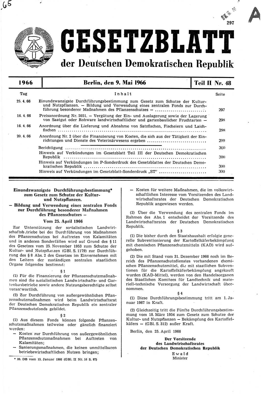 Gesetzblatt (GBl.) der Deutschen Demokratischen Republik (DDR) Teil ⅠⅠ 1966, Seite 297 (GBl. DDR ⅠⅠ 1966, S. 297)