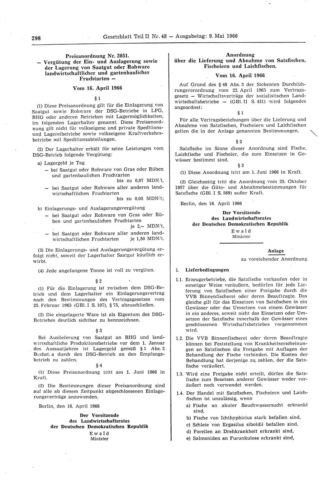 Gesetzblatt (GBl.) der Deutschen Demokratischen Republik (DDR) Teil ⅠⅠ 1966, Seite 298 (GBl. DDR ⅠⅠ 1966, S. 298)