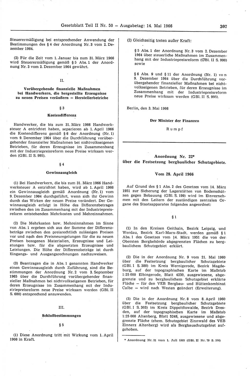 Gesetzblatt (GBl.) der Deutschen Demokratischen Republik (DDR) Teil ⅠⅠ 1966, Seite 307 (GBl. DDR ⅠⅠ 1966, S. 307)