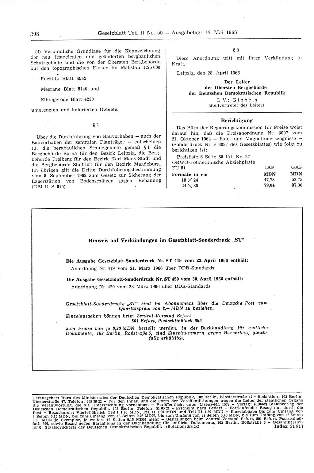 Gesetzblatt (GBl.) der Deutschen Demokratischen Republik (DDR) Teil ⅠⅠ 1966, Seite 308 (GBl. DDR ⅠⅠ 1966, S. 308)