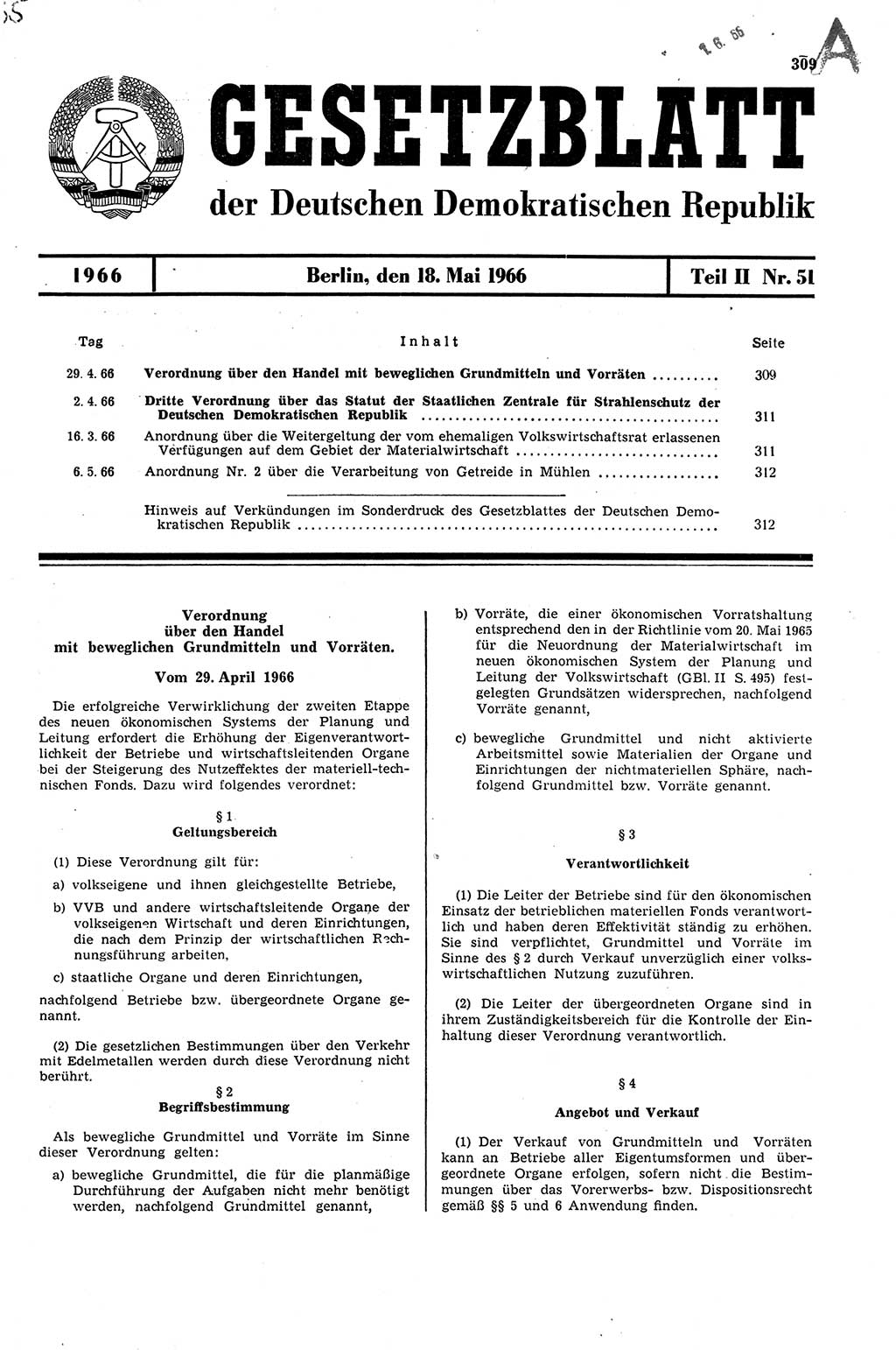 Gesetzblatt (GBl.) der Deutschen Demokratischen Republik (DDR) Teil ⅠⅠ 1966, Seite 309 (GBl. DDR ⅠⅠ 1966, S. 309)