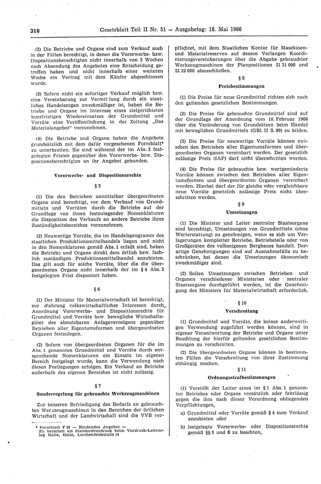 Gesetzblatt (GBl.) der Deutschen Demokratischen Republik (DDR) Teil ⅠⅠ 1966, Seite 310 (GBl. DDR ⅠⅠ 1966, S. 310)