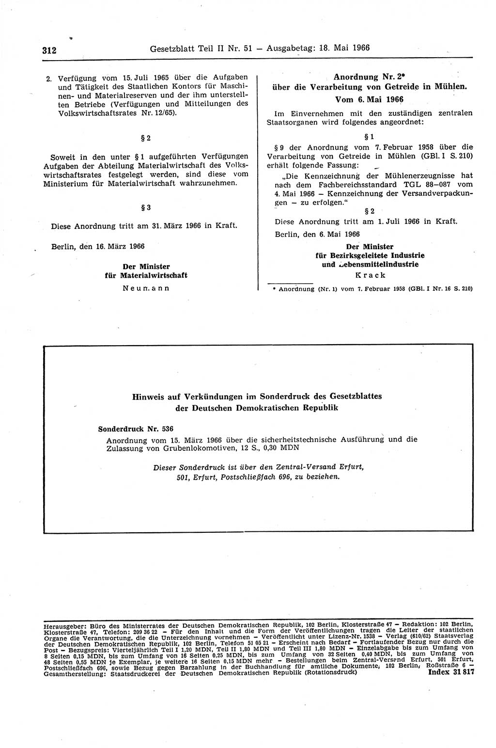 Gesetzblatt (GBl.) der Deutschen Demokratischen Republik (DDR) Teil ⅠⅠ 1966, Seite 312 (GBl. DDR ⅠⅠ 1966, S. 312)