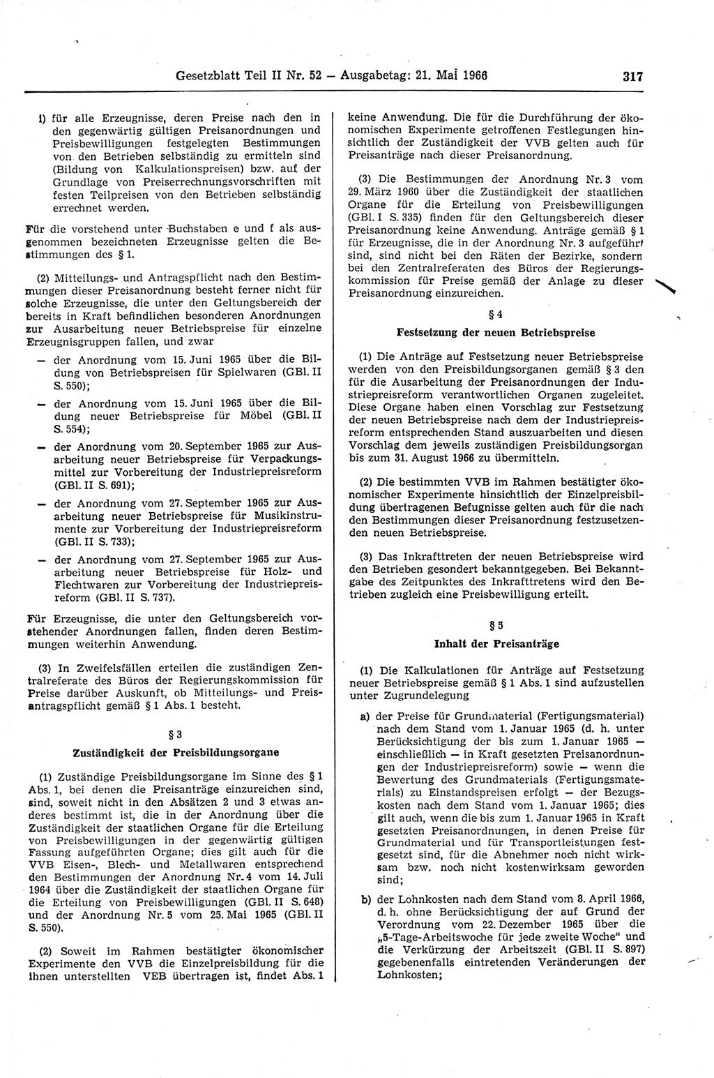 Gesetzblatt (GBl.) der Deutschen Demokratischen Republik (DDR) Teil ⅠⅠ 1966, Seite 317 (GBl. DDR ⅠⅠ 1966, S. 317)