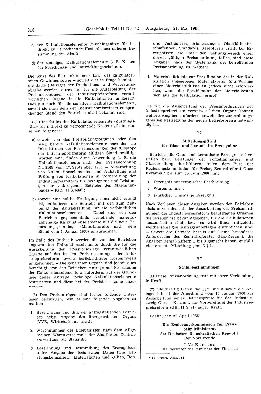 Gesetzblatt (GBl.) der Deutschen Demokratischen Republik (DDR) Teil ⅠⅠ 1966, Seite 318 (GBl. DDR ⅠⅠ 1966, S. 318)