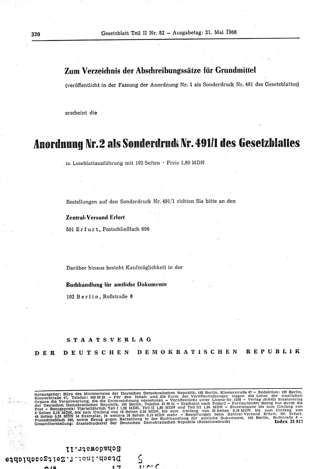 Gesetzblatt (GBl.) der Deutschen Demokratischen Republik (DDR) Teil ⅠⅠ 1966, Seite 320 (GBl. DDR ⅠⅠ 1966, S. 320)