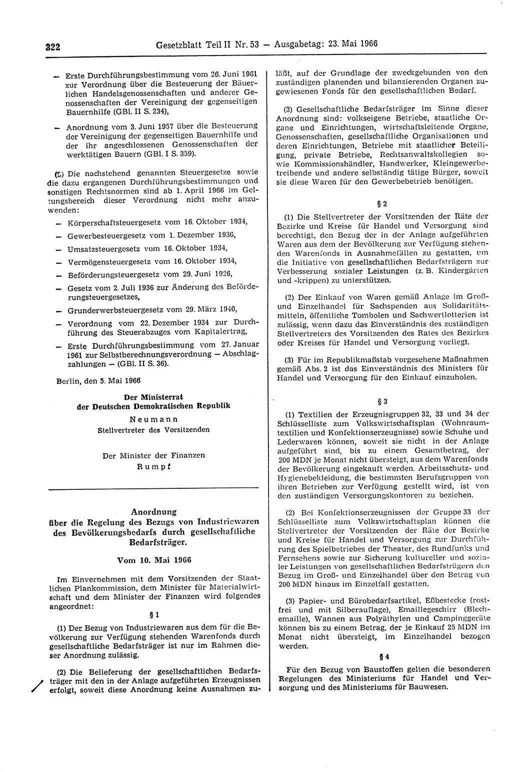 Gesetzblatt (GBl.) der Deutschen Demokratischen Republik (DDR) Teil ⅠⅠ 1966, Seite 322 (GBl. DDR ⅠⅠ 1966, S. 322)