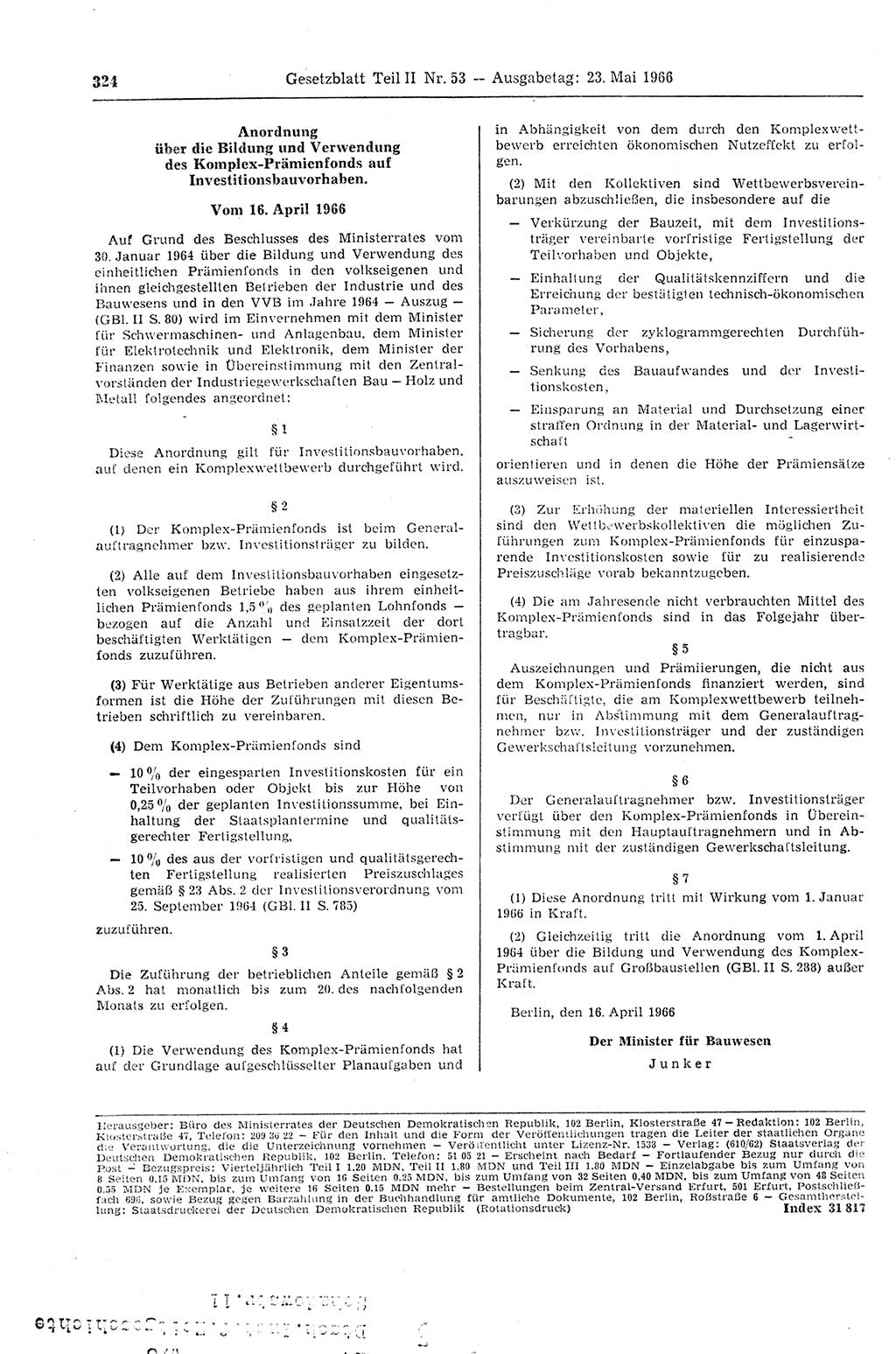 Gesetzblatt (GBl.) der Deutschen Demokratischen Republik (DDR) Teil ⅠⅠ 1966, Seite 324 (GBl. DDR ⅠⅠ 1966, S. 324)