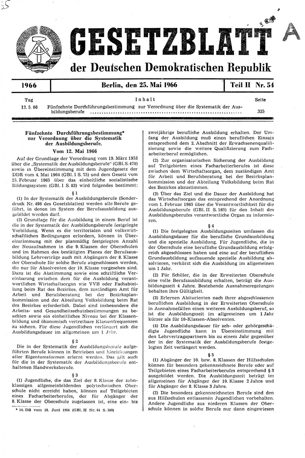 Gesetzblatt (GBl.) der Deutschen Demokratischen Republik (DDR) Teil ⅠⅠ 1966, Seite 325 (GBl. DDR ⅠⅠ 1966, S. 325)