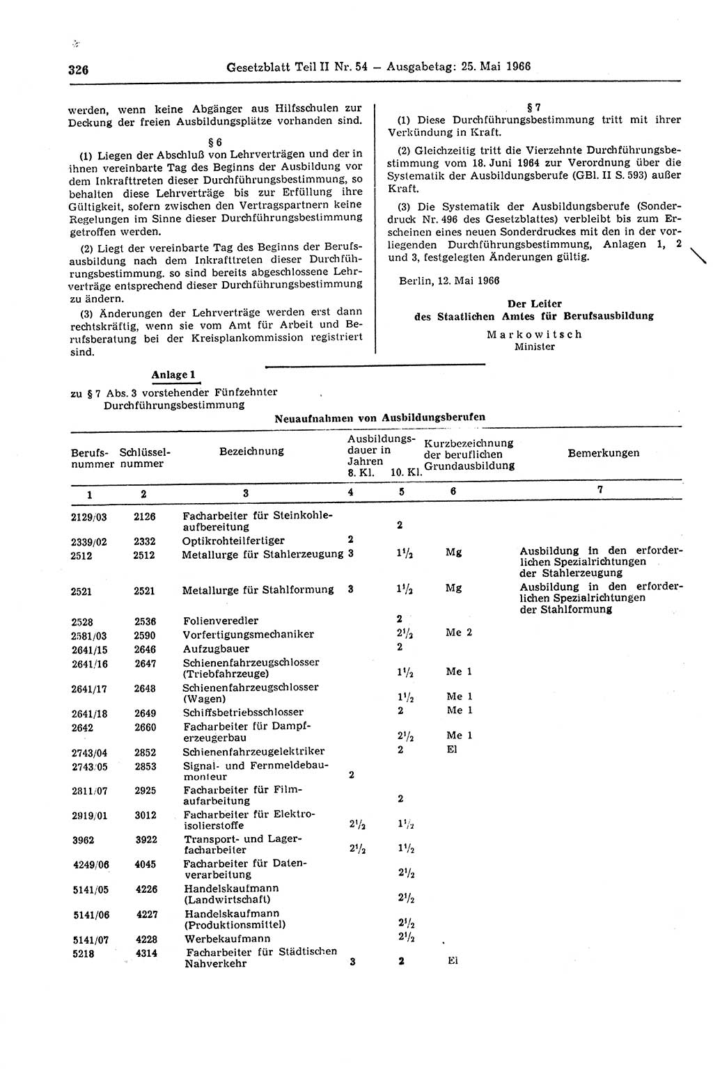 Gesetzblatt (GBl.) der Deutschen Demokratischen Republik (DDR) Teil ⅠⅠ 1966, Seite 326 (GBl. DDR ⅠⅠ 1966, S. 326)