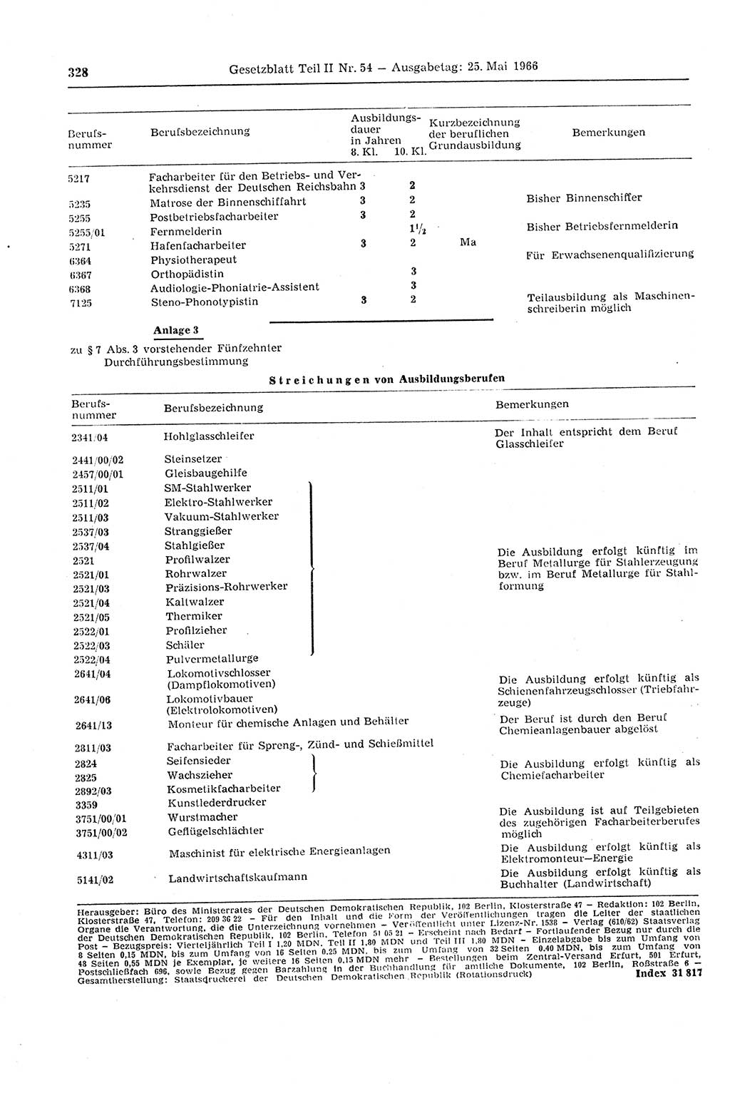 Gesetzblatt (GBl.) der Deutschen Demokratischen Republik (DDR) Teil ⅠⅠ 1966, Seite 328 (GBl. DDR ⅠⅠ 1966, S. 328)