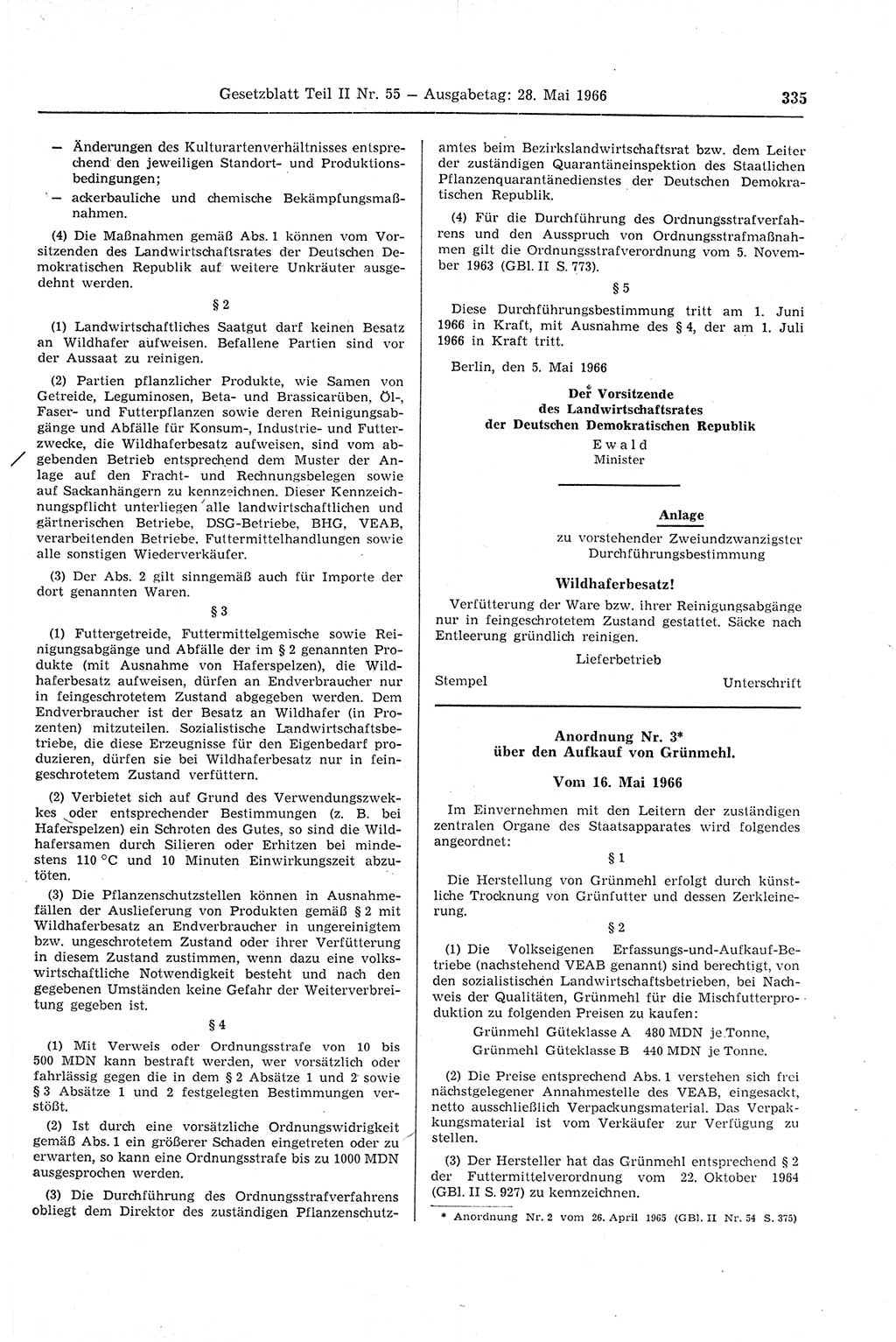 Gesetzblatt (GBl.) der Deutschen Demokratischen Republik (DDR) Teil ⅠⅠ 1966, Seite 335 (GBl. DDR ⅠⅠ 1966, S. 335)