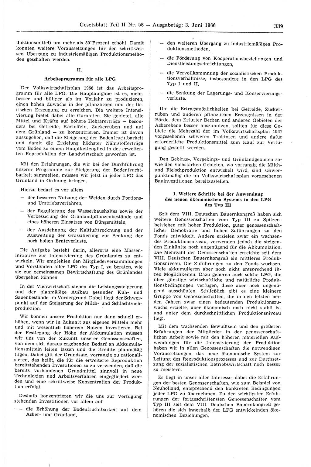 Gesetzblatt (GBl.) der Deutschen Demokratischen Republik (DDR) Teil ⅠⅠ 1966, Seite 339 (GBl. DDR ⅠⅠ 1966, S. 339)