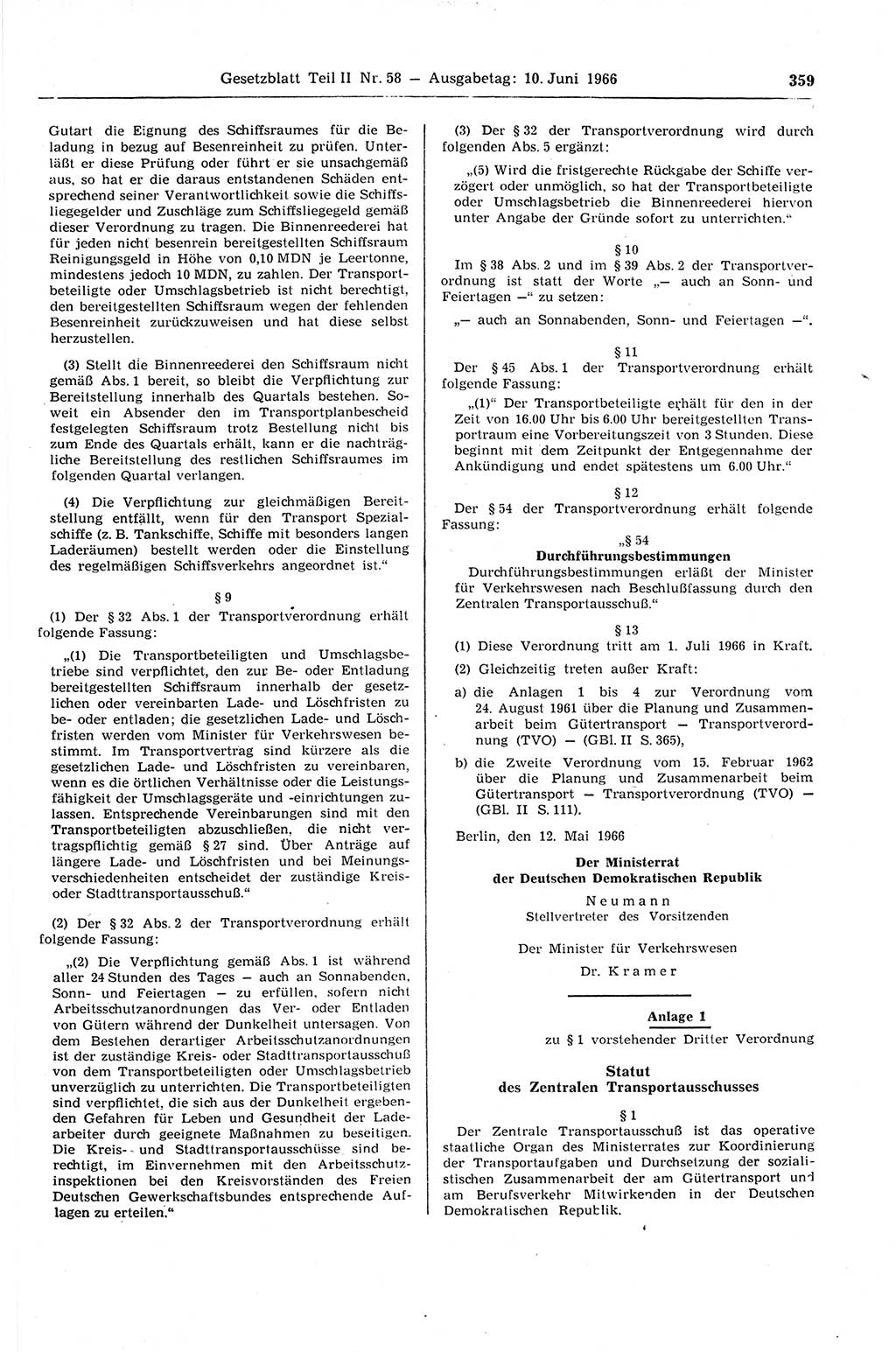 Gesetzblatt (GBl.) der Deutschen Demokratischen Republik (DDR) Teil ⅠⅠ 1966, Seite 359 (GBl. DDR ⅠⅠ 1966, S. 359)