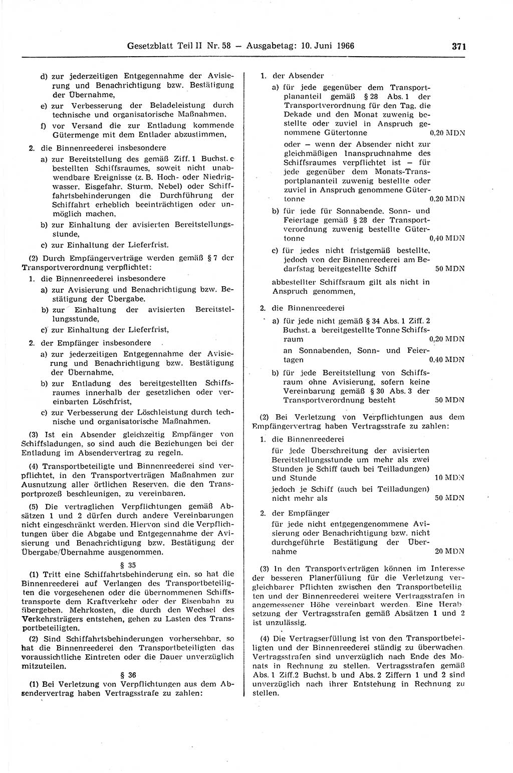 Gesetzblatt (GBl.) der Deutschen Demokratischen Republik (DDR) Teil ⅠⅠ 1966, Seite 371 (GBl. DDR ⅠⅠ 1966, S. 371)