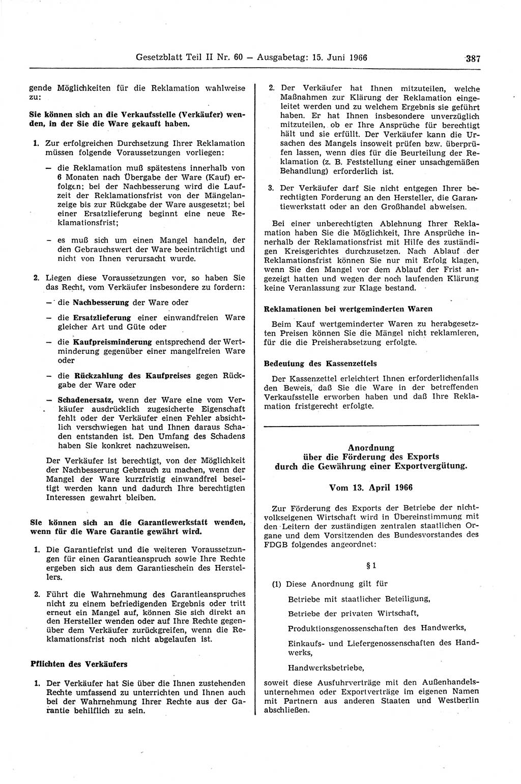 Gesetzblatt (GBl.) der Deutschen Demokratischen Republik (DDR) Teil ⅠⅠ 1966, Seite 387 (GBl. DDR ⅠⅠ 1966, S. 387)