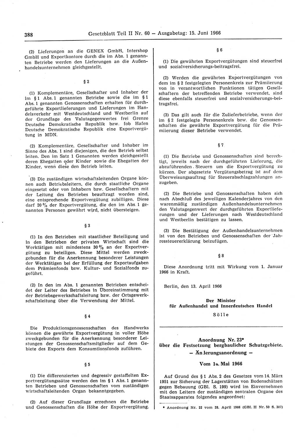 Gesetzblatt (GBl.) der Deutschen Demokratischen Republik (DDR) Teil ⅠⅠ 1966, Seite 388 (GBl. DDR ⅠⅠ 1966, S. 388)