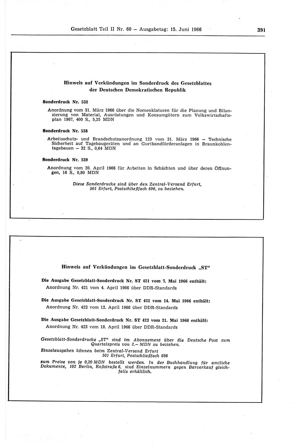 Gesetzblatt (GBl.) der Deutschen Demokratischen Republik (DDR) Teil ⅠⅠ 1966, Seite 391 (GBl. DDR ⅠⅠ 1966, S. 391)
