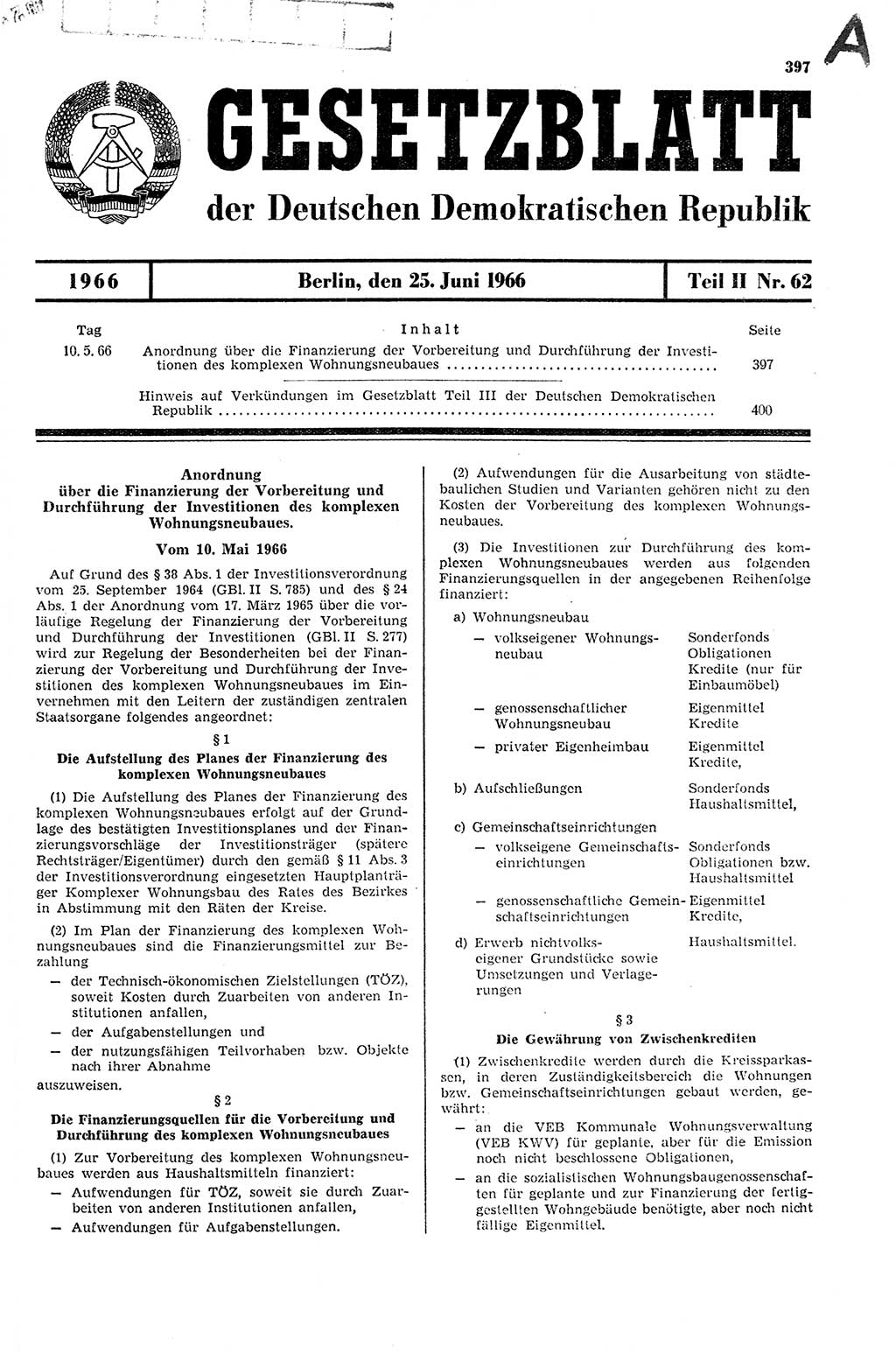 Gesetzblatt (GBl.) der Deutschen Demokratischen Republik (DDR) Teil ⅠⅠ 1966, Seite 397 (GBl. DDR ⅠⅠ 1966, S. 397)