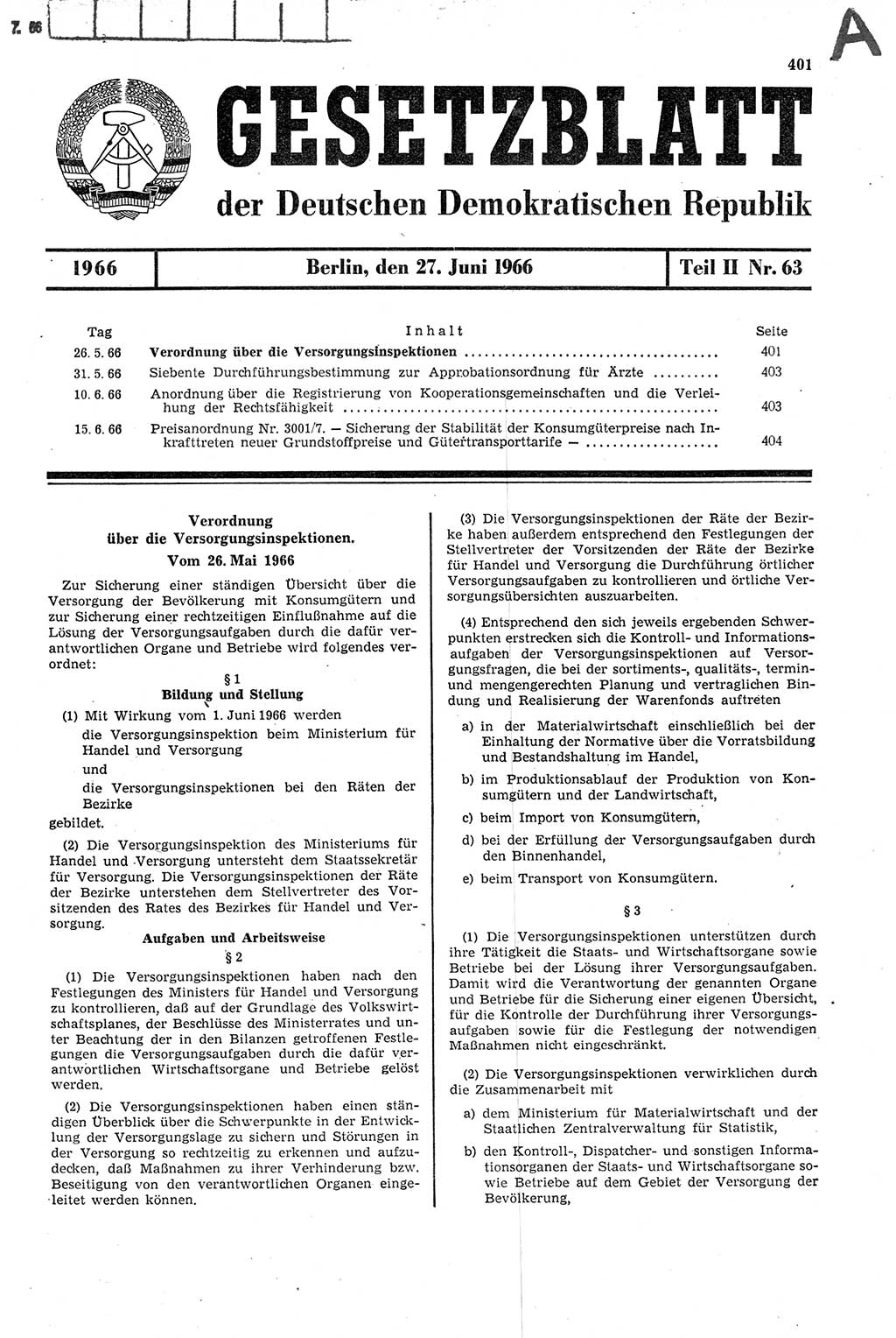 Gesetzblatt (GBl.) der Deutschen Demokratischen Republik (DDR) Teil ⅠⅠ 1966, Seite 401 (GBl. DDR ⅠⅠ 1966, S. 401)