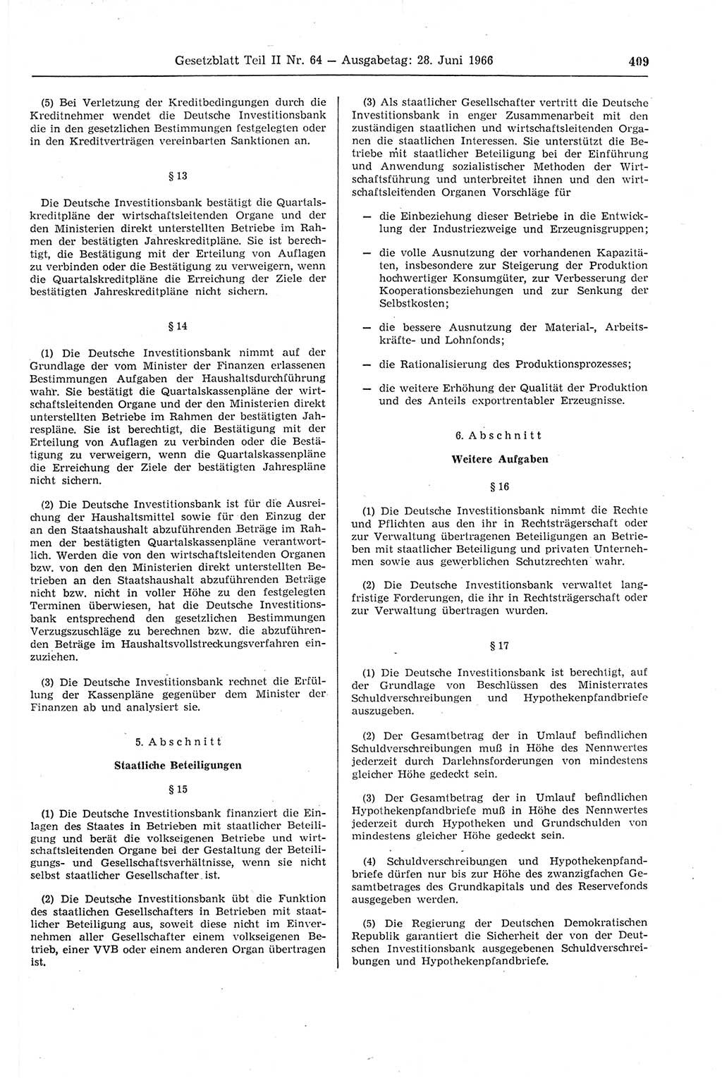 Gesetzblatt (GBl.) der Deutschen Demokratischen Republik (DDR) Teil ⅠⅠ 1966, Seite 409 (GBl. DDR ⅠⅠ 1966, S. 409)