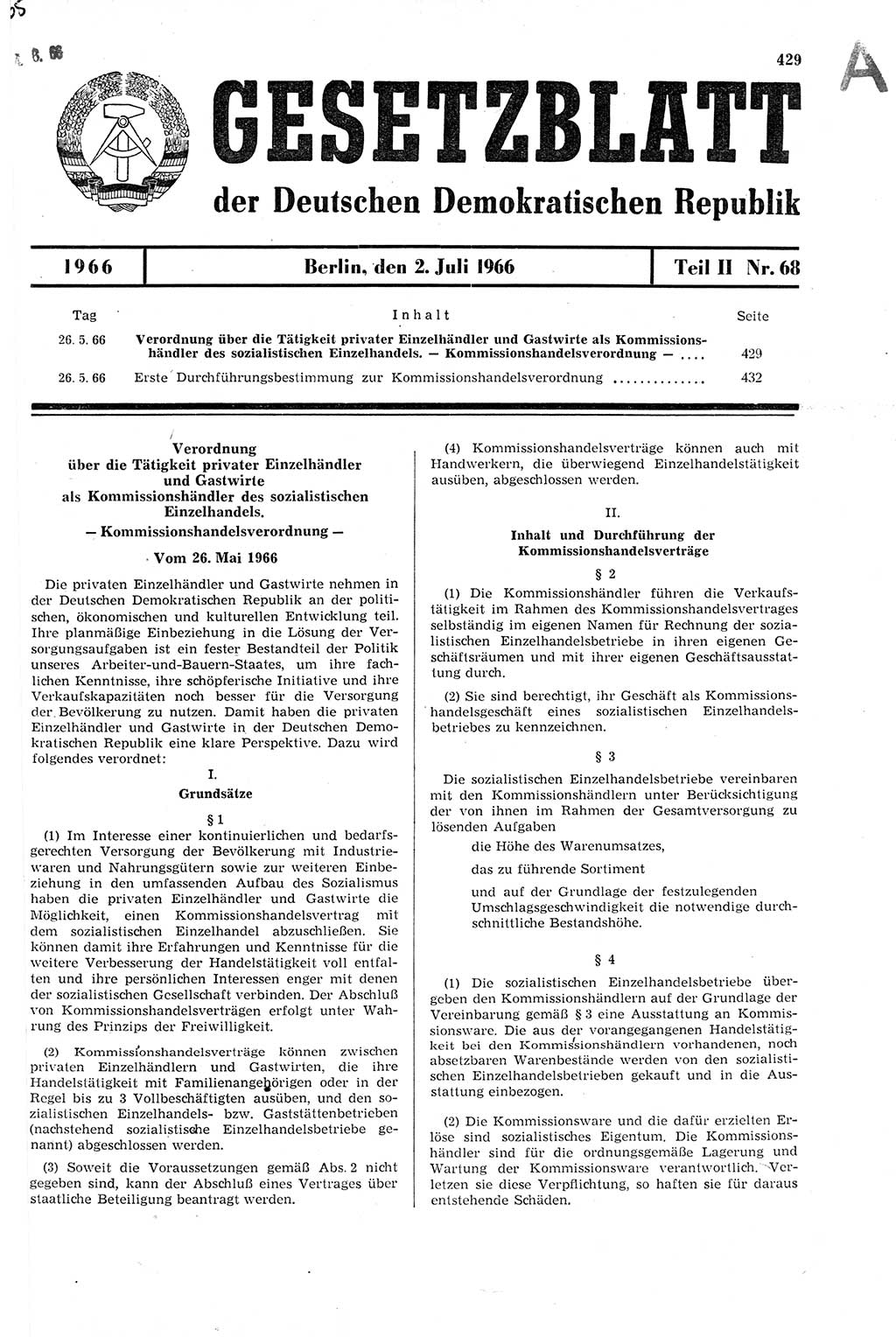 Gesetzblatt (GBl.) der Deutschen Demokratischen Republik (DDR) Teil ⅠⅠ 1966, Seite 429 (GBl. DDR ⅠⅠ 1966, S. 429)