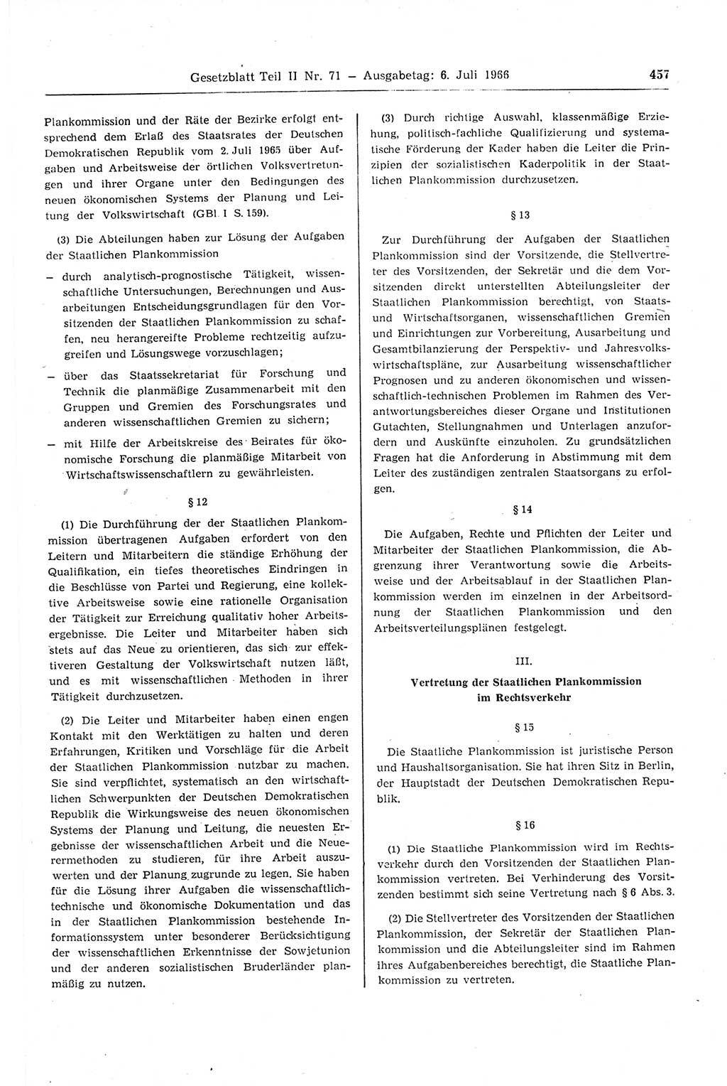 Gesetzblatt (GBl.) der Deutschen Demokratischen Republik (DDR) Teil ⅠⅠ 1966, Seite 457 (GBl. DDR ⅠⅠ 1966, S. 457)