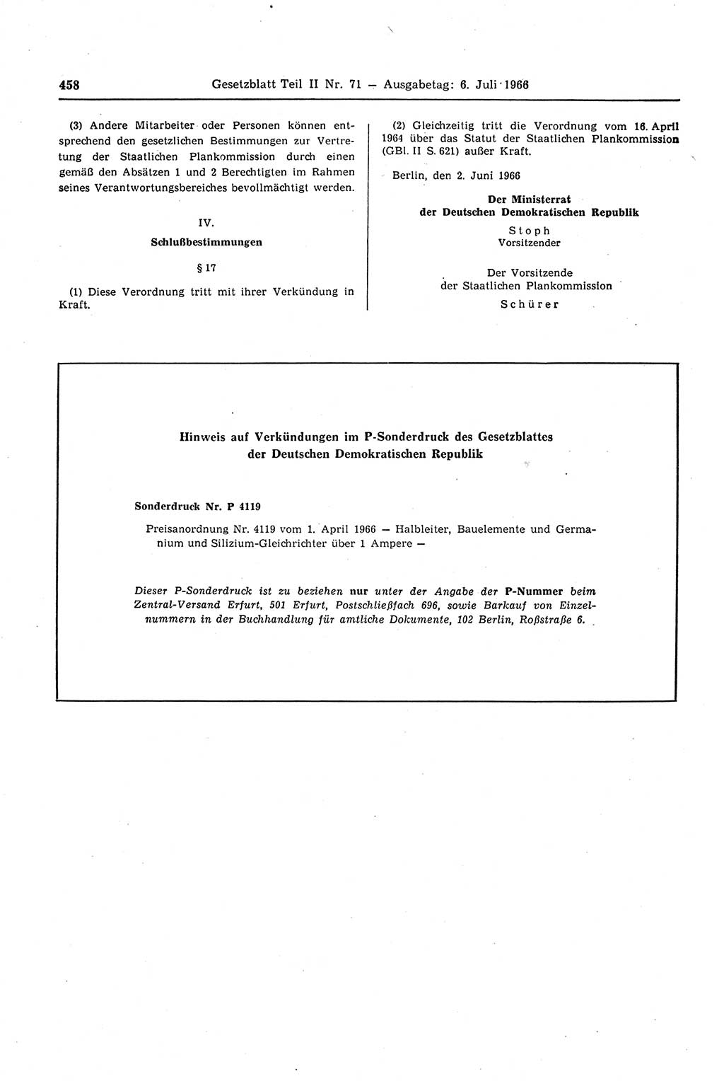 Gesetzblatt (GBl.) der Deutschen Demokratischen Republik (DDR) Teil ⅠⅠ 1966, Seite 458 (GBl. DDR ⅠⅠ 1966, S. 458)