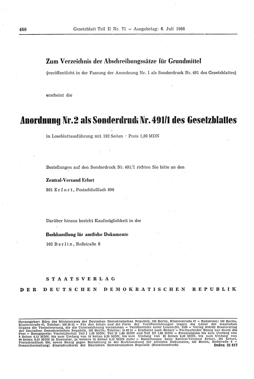 Gesetzblatt (GBl.) der Deutschen Demokratischen Republik (DDR) Teil ⅠⅠ 1966, Seite 460 (GBl. DDR ⅠⅠ 1966, S. 460)