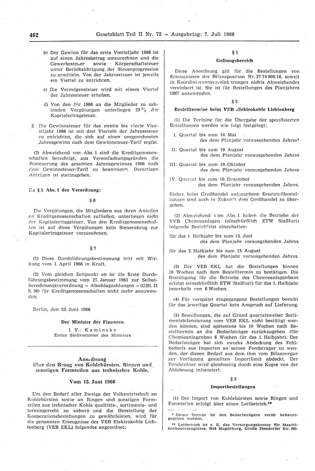 Gesetzblatt (GBl.) der Deutschen Demokratischen Republik (DDR) Teil ⅠⅠ 1966, Seite 462 (GBl. DDR ⅠⅠ 1966, S. 462)