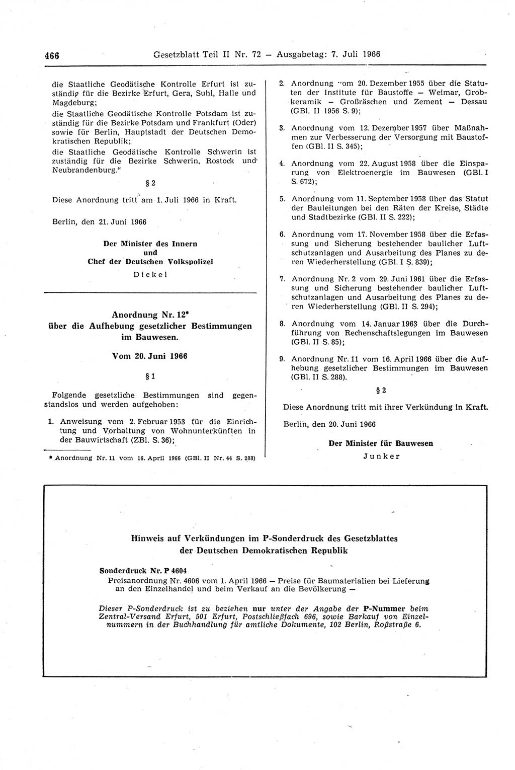 Gesetzblatt (GBl.) der Deutschen Demokratischen Republik (DDR) Teil ⅠⅠ 1966, Seite 466 (GBl. DDR ⅠⅠ 1966, S. 466)