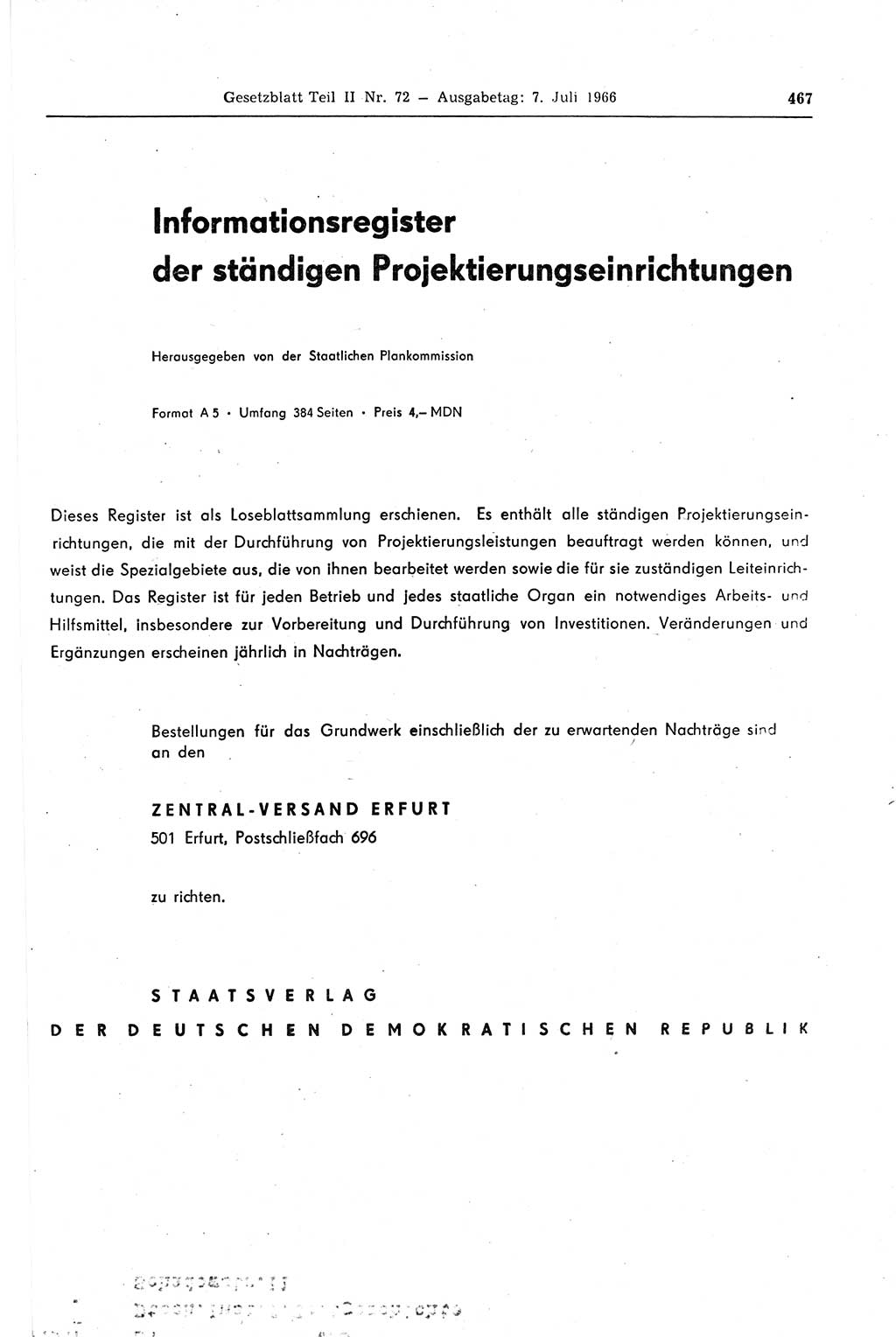 Gesetzblatt (GBl.) der Deutschen Demokratischen Republik (DDR) Teil ⅠⅠ 1966, Seite 467 (GBl. DDR ⅠⅠ 1966, S. 467)