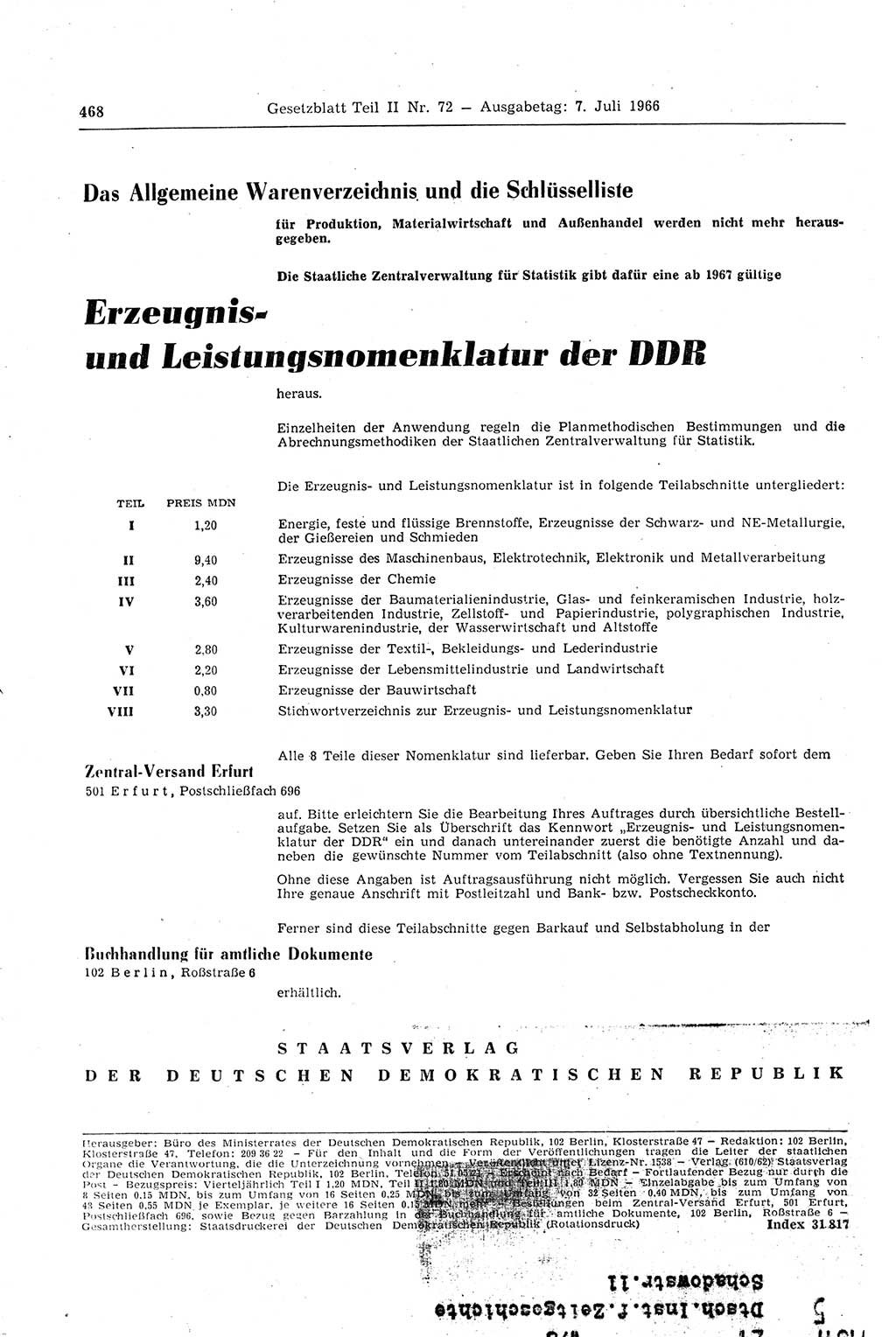 Gesetzblatt (GBl.) der Deutschen Demokratischen Republik (DDR) Teil ⅠⅠ 1966, Seite 468 (GBl. DDR ⅠⅠ 1966, S. 468)