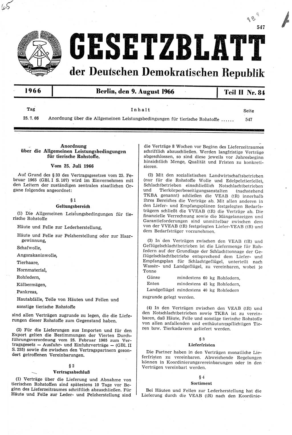 Gesetzblatt (GBl.) der Deutschen Demokratischen Republik (DDR) Teil ⅠⅠ 1966, Seite 547 (GBl. DDR ⅠⅠ 1966, S. 547)